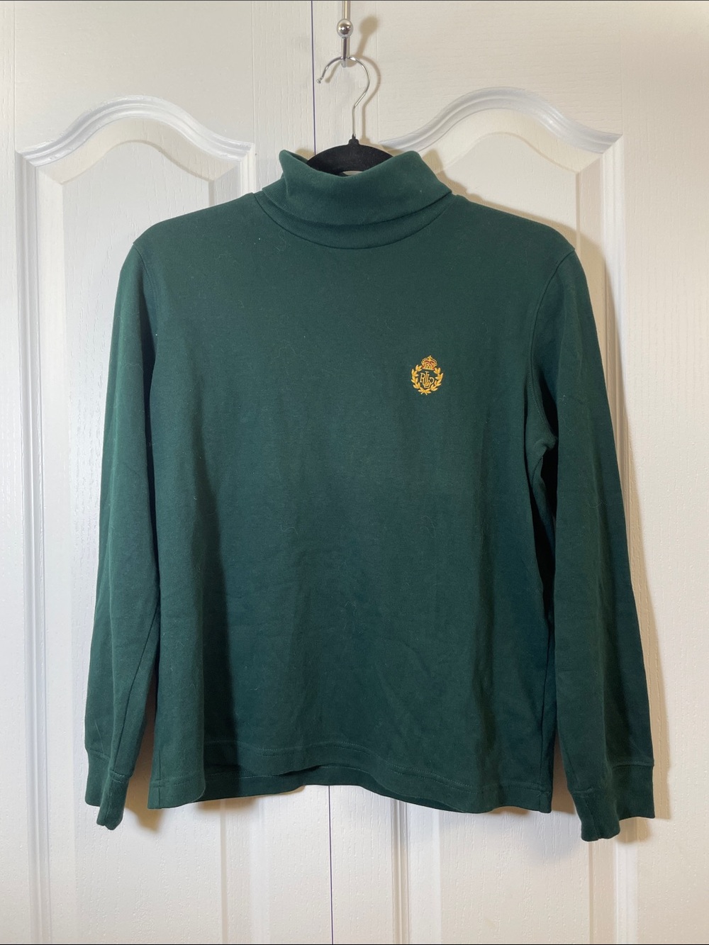 Vintage Ralph Lauren 100% Cotton Dark Green Turtleneck Sweater with Gold Crest